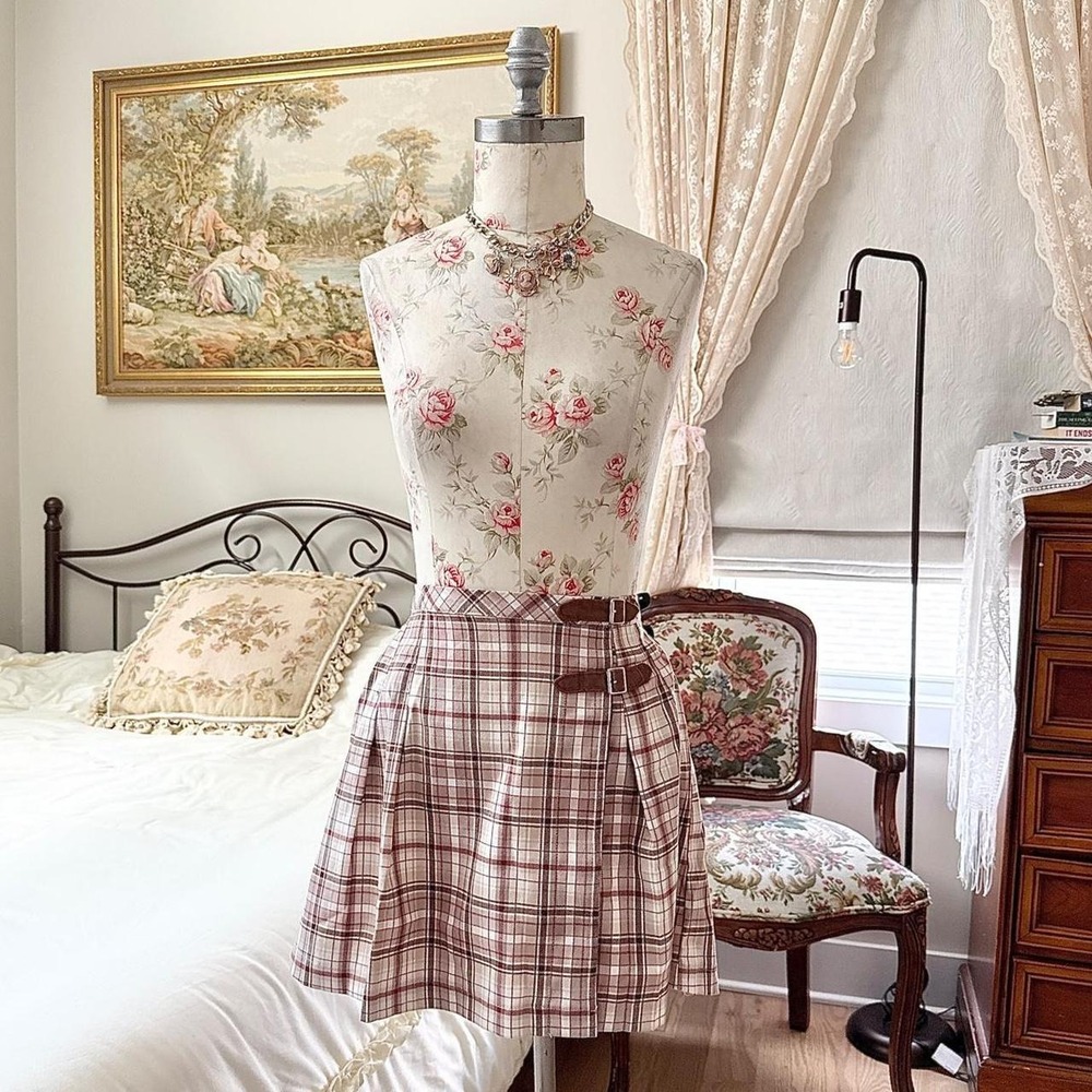 modern No Comment size large brown and cream plaid pleated mini skirt